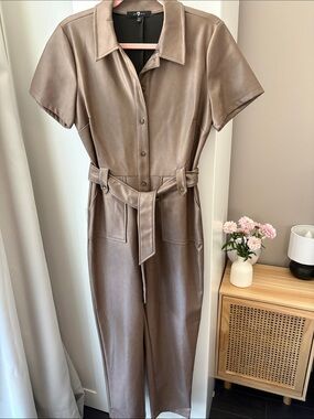 7 For All Mankind Taupe Faux Leather Short-Sleeve Jumpsuit with Belt